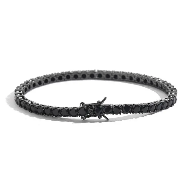 3mm4mm5m 18K Gold Plated Single Row Black Zircon  Tennis Bracelet Round Cubic Classic HipHop Style Bracelets Luxury Unisex Jewelry For Men And Women Fashion Accessories For Women