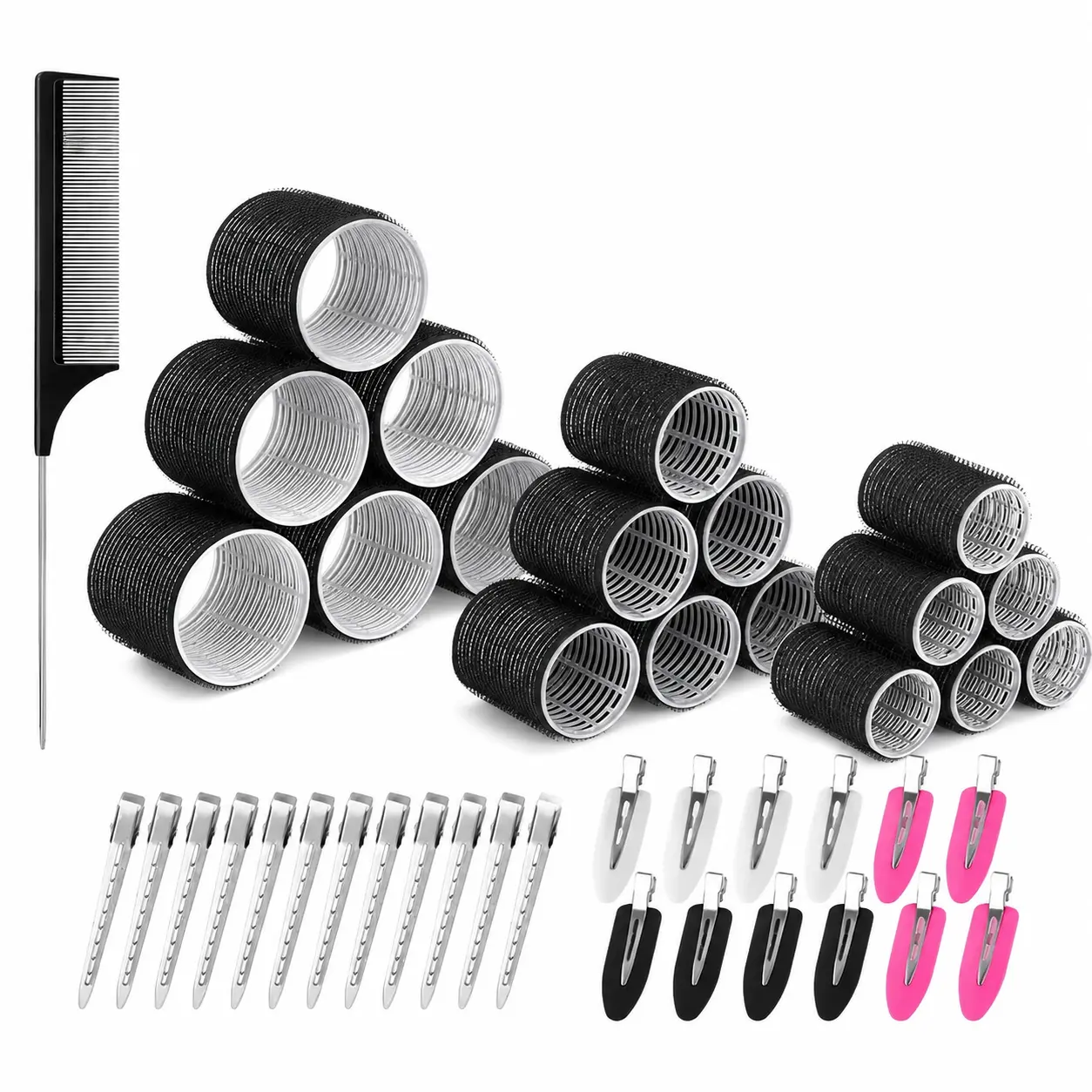 Heatless Hair Roller Set - 50-Piece Haircare Kit with Jumbo, Large, Medium, Small Curlers for Thick Hair, 24 Black Foam Rollers, 24 Flexible Clips, Styling Comb, Reusable Bag for Clip and Roll Heatless Curls, Waves, Volume, Effortless Waves