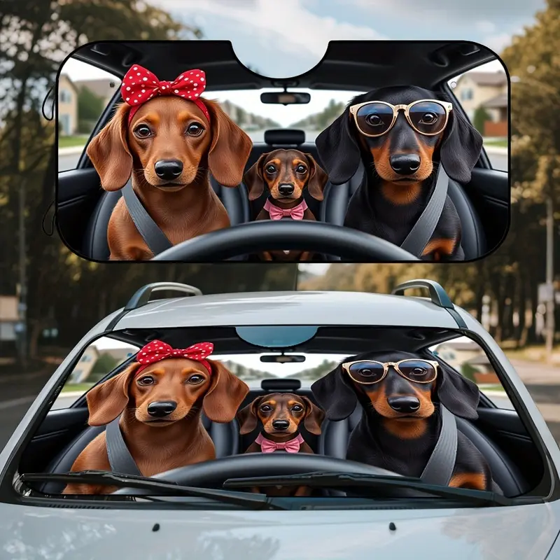1pc, Yi'an Car Sunshade with Dachshund Fun Art Printing Design, Foldable Suitable for Daily Travel, Suitable for All Kinds of Weather Driving, Work Commuting, School and Weekend Long-distance Driving