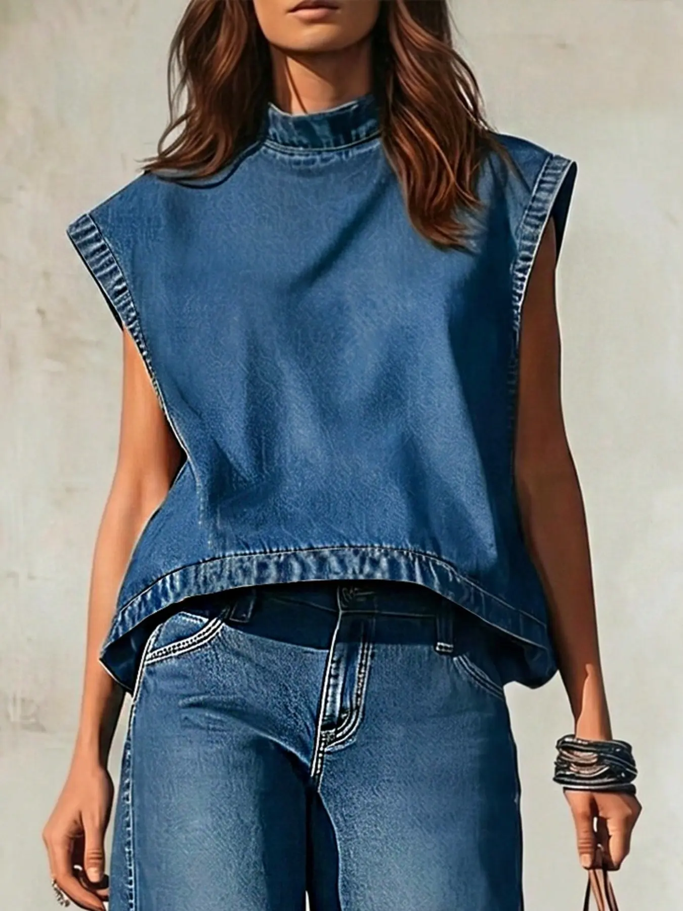 Women's Stand Collar Sleeveless Loose Fit Jeans Top, Comfortable Fabric, Cool Fashion Design, Perfect for Street Style, Casual Outing