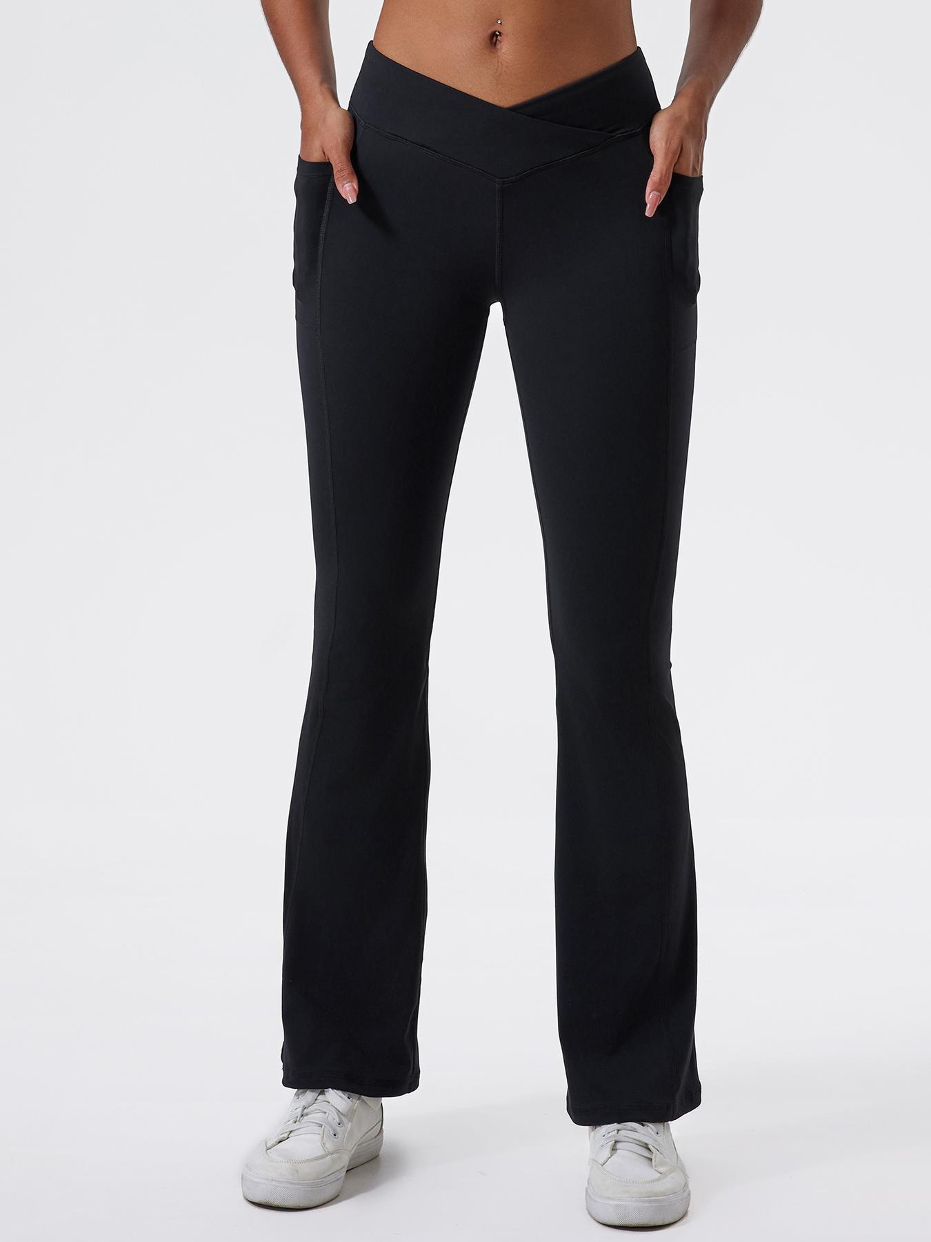 Women's Solid High Waist Flare Leg Sports Leggings, Sporty Overlap Waist Pocket Skinny Pants for Yoga Gym Workout Running, Ladies Sportswear for All Seasons, Flared Yoga Pants, Flared Yoga Bottoms, High Waisted Leggings