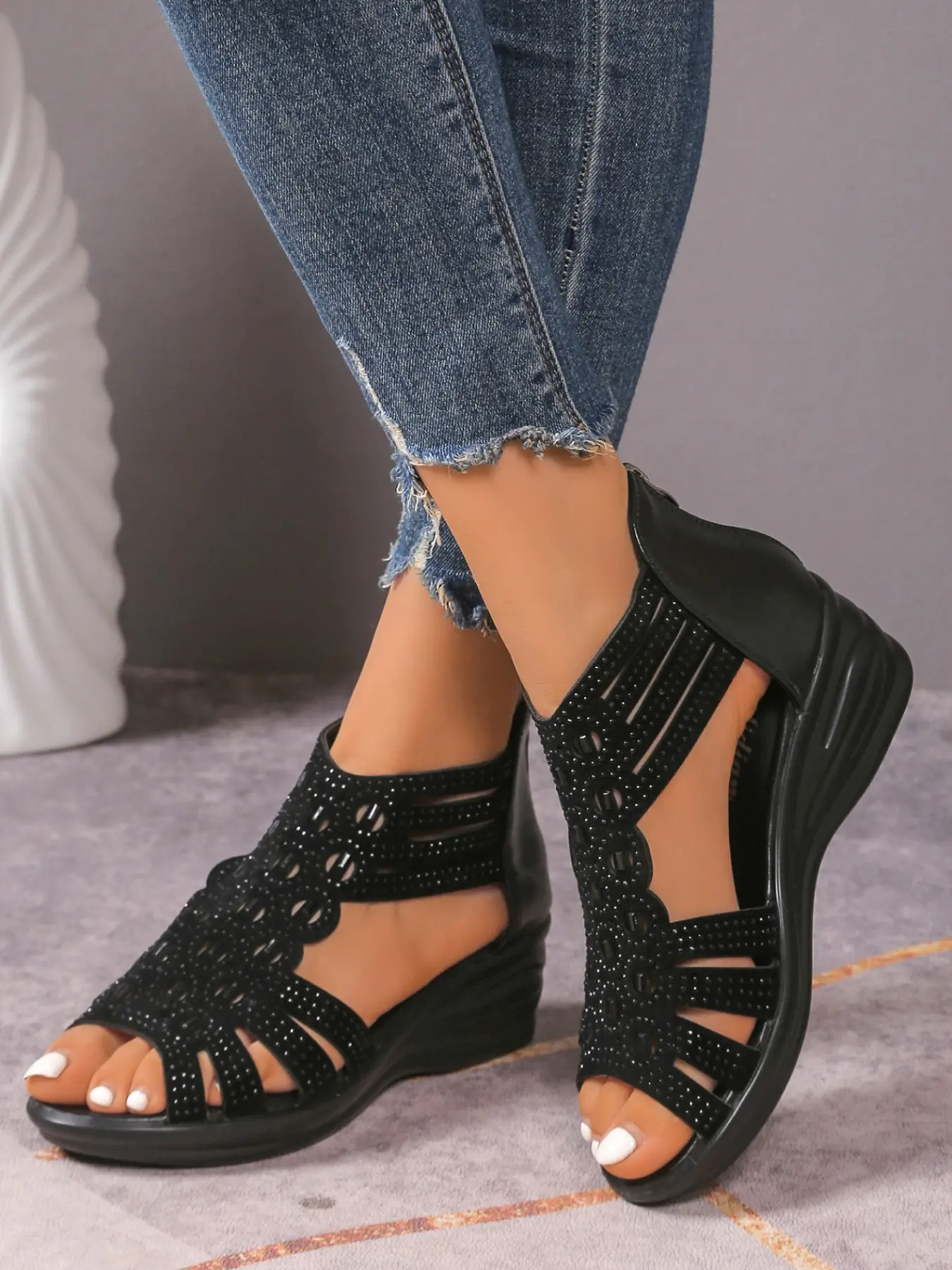 Summer New Hollow Out Rhinestone Wedge Platform Sandals Women, Back Zipper Fish Mouth Thick Sole Shoes, Retro Braided High Heel Casual Shoes