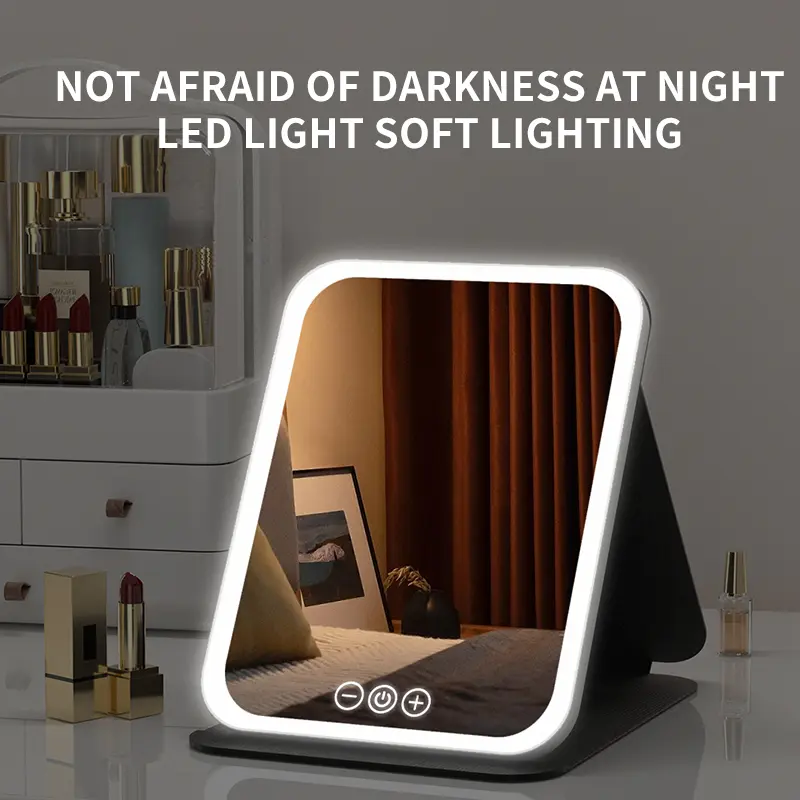 【Mosnami】Vanity Mirror with Lights, USB-Rechargeable Vanity Mirror with Stand, 3-Color LED Lighting, Dimmable Brightness, Compact Mirror, Adjustable Angle, Foldable Cosmetic Mirror, Giving Holiday Gifts to Girls
