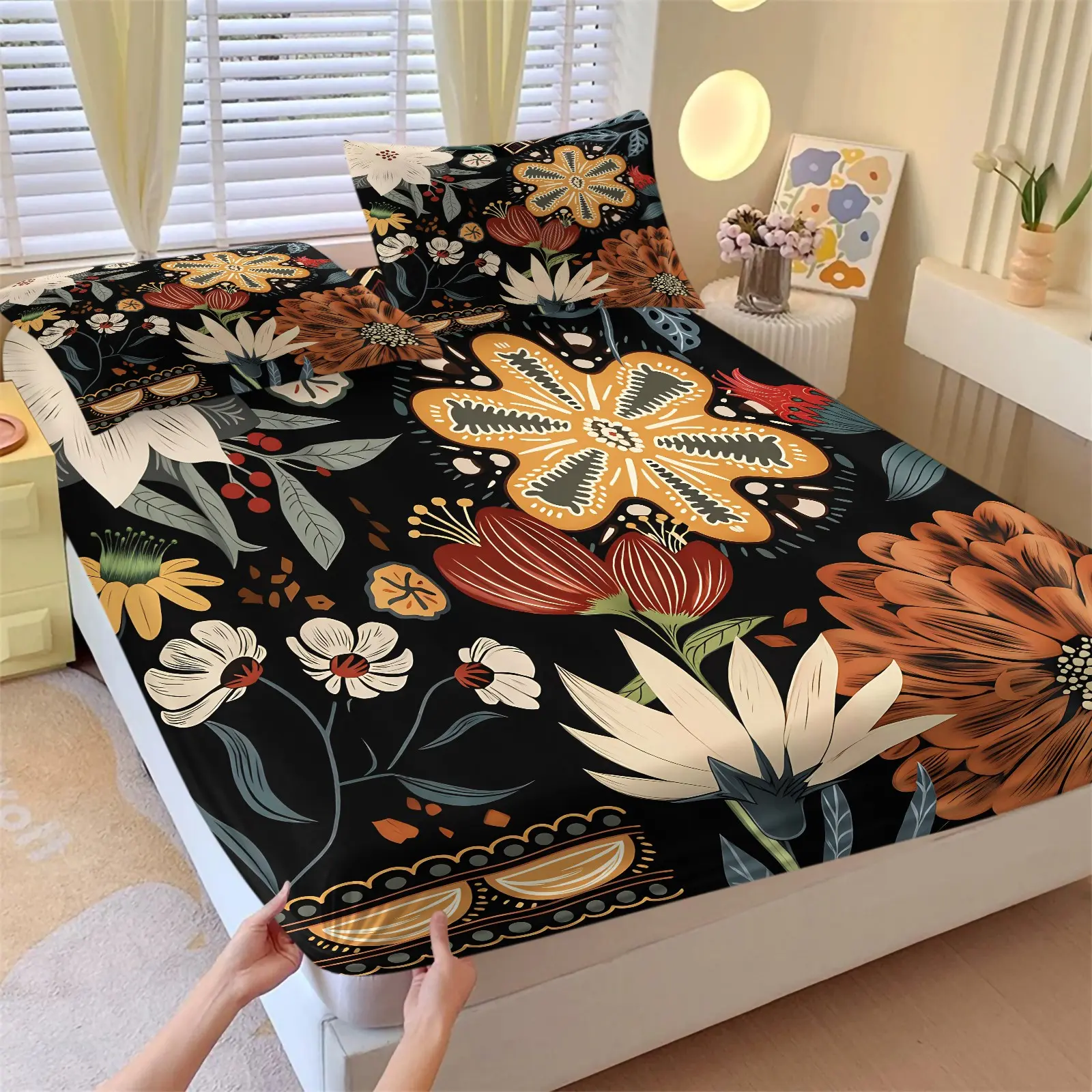 3-Piece Bohemian Aesthetic Vintage Floral Print Fitted Sheet Set, Includes 1Fitted Sheet & 2 Coreless Pillowcases, Wild Flower Leaf Tribal Folk Art Pattern, Anti-slip Deep Pocket Design, Ideal Gift for Boho Home Enthusiasts, Decorative Bedsheet Sets