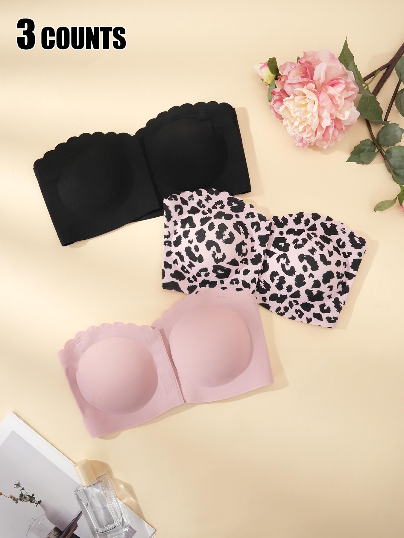 Women's Solid/ Leopard Print Strapless Bra, Wireless Push Up Bra, Comfortable Breathable Scallop Trim Hook & Eye Front Bralette, Lingerie for All Seasons, Basic Underwear