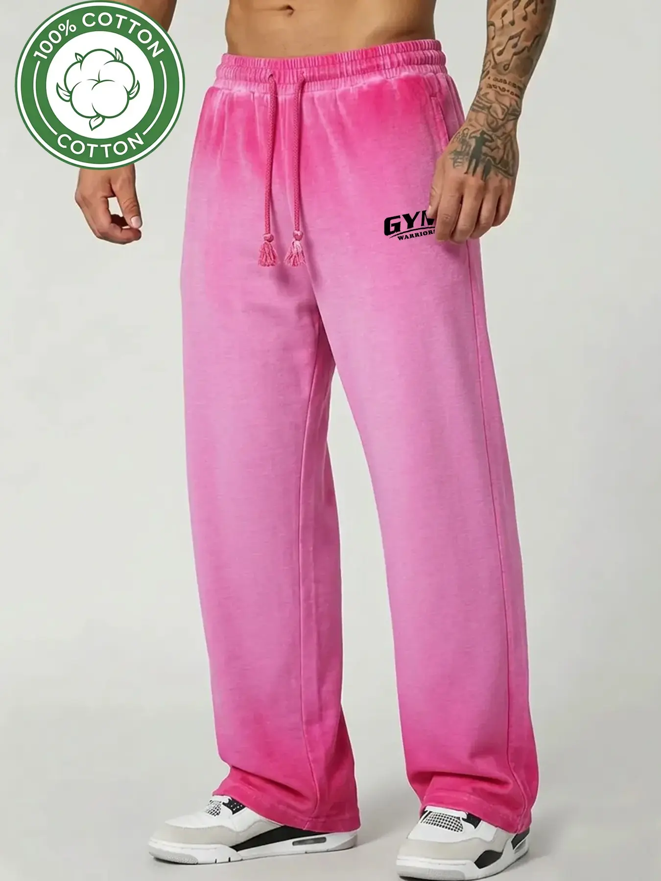 Men's 100% Cotton Washed Wide Leg Sweatpants, Gym Warrior Print Drawstring Loose Long Pants, Multifunctional Sport Casual Pants