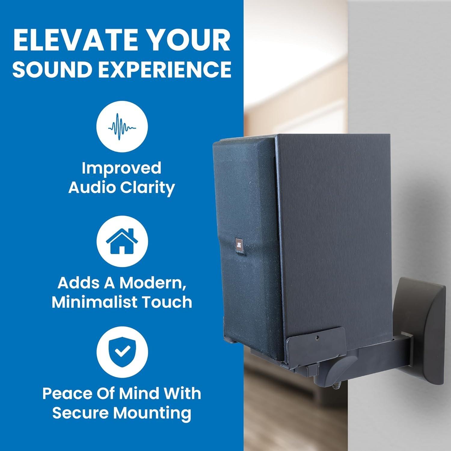 Bookshelf Speaker Wall Mount, Pair of Universal Side Clamping Speaker Shelf Wall Mounting Brackets for Large or Small Speakers, 2 Full Motion Mounts, 55 Lbs Capacity, Black (MI-SB37)