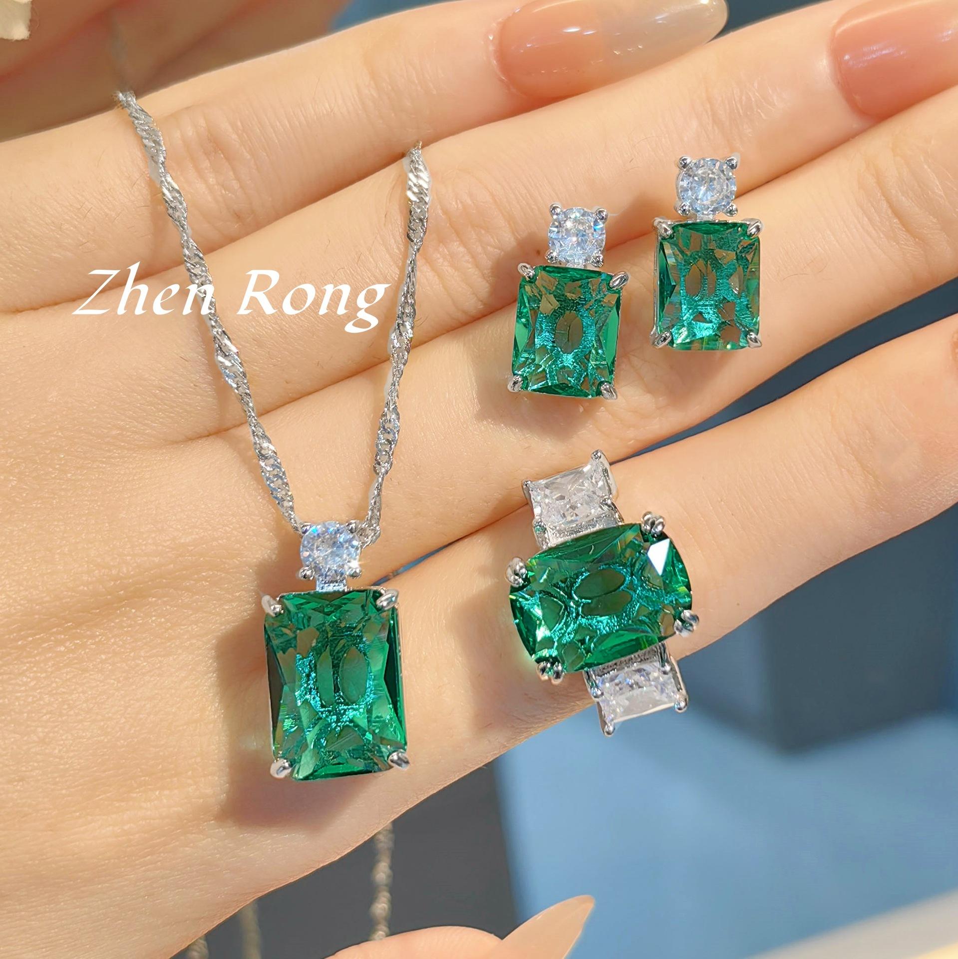 Fashionable and Luxurious Perfume Bottle Pendant, Large Carat Princess Cut Gemstone Earrings, Paraiba Ring, Green Diamond Set for Women