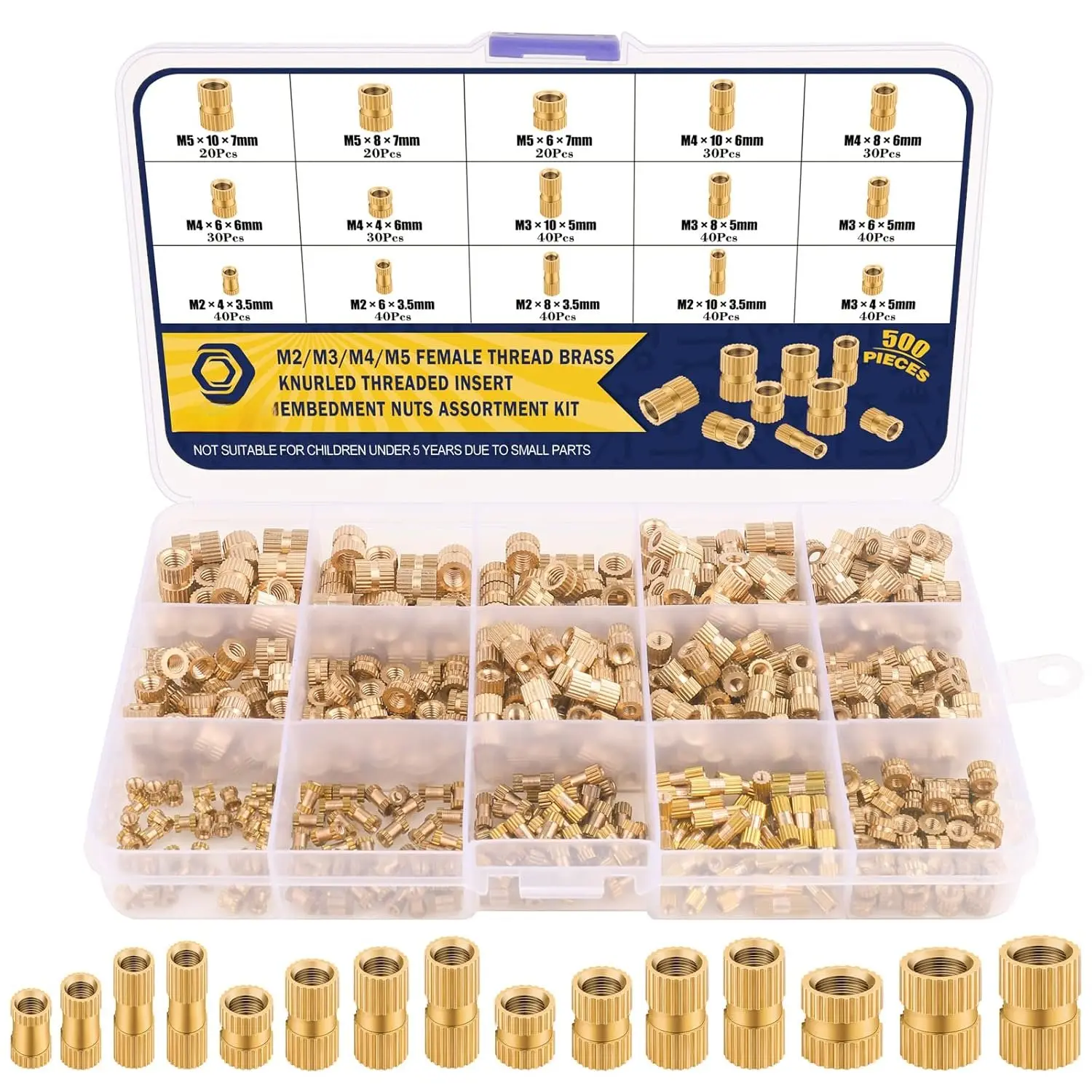 500 count Threaded Inserts Kit M2 M3 M4 M5 - Female Thread Heat Set Insert, Brass Knurled Thread Insert Nuts for Plastic Injection Molding(Metric)