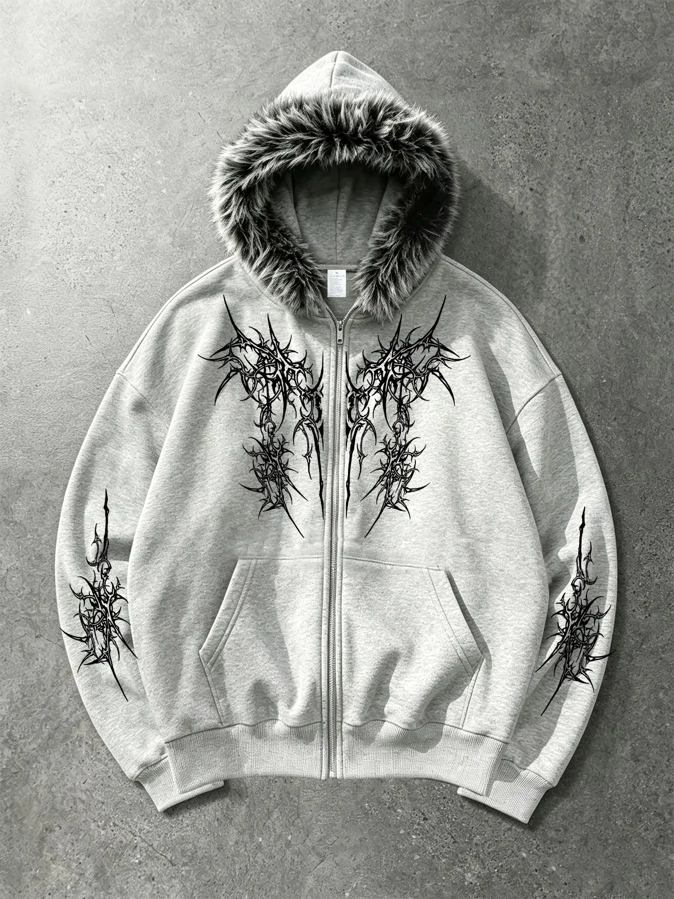 Punk Dark Thorn Pattern Oversize Hoodie, Unisex Long Sleeve Zip-Up Coat, Loose-Fit H-Type Design, Casual Clothing