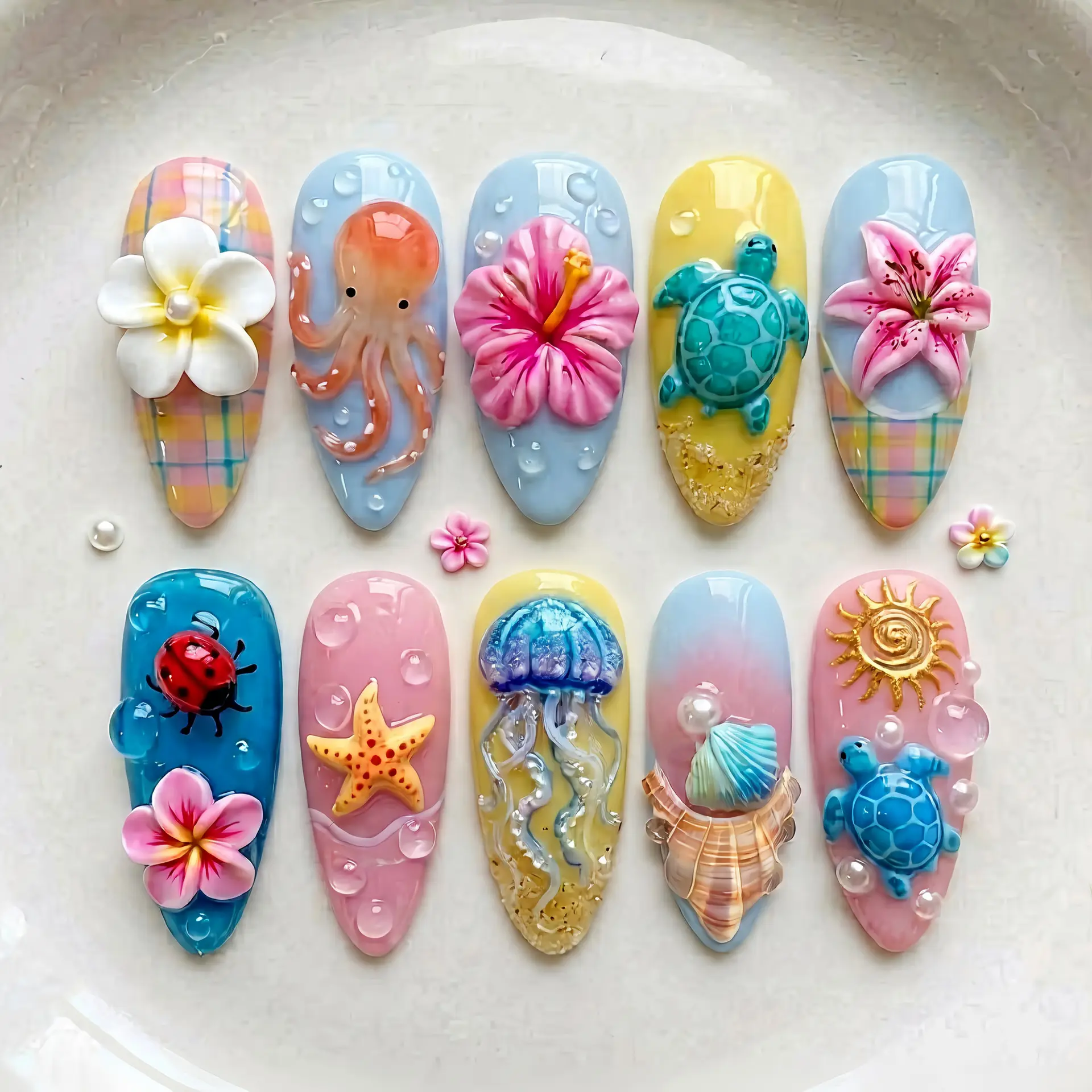 Summer 3D Starfish Turtle Shell Almond Press On Nails Sweet Flower Pearl Fake Nails Fall Aesthetic Back To School Essentials Reusable False Nails for Beach Vacation Summer Holiday Nail Art Decorations