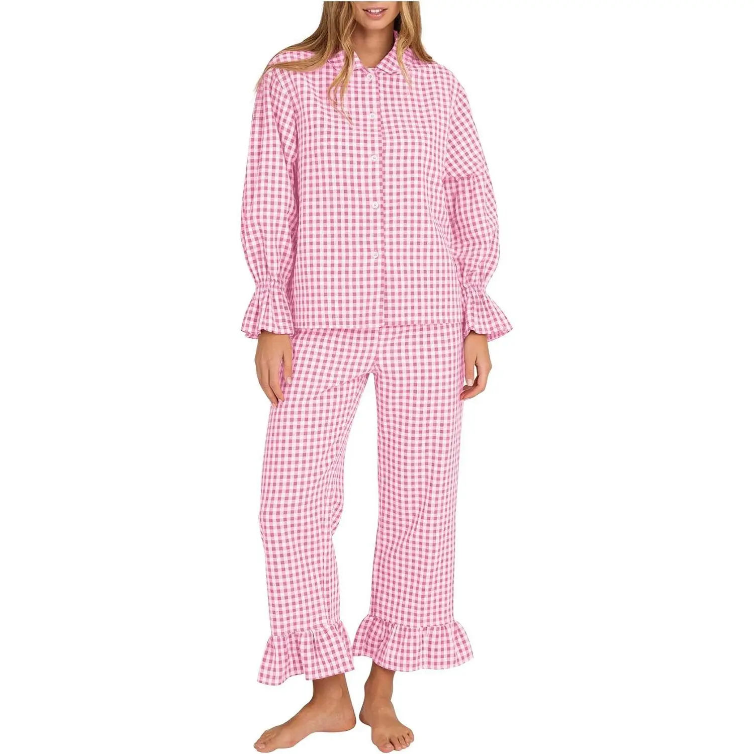 Womens Plaid Pajamas Sets Cotton Long Sleeve Button Down Shirt Ruffle Pants 2 Piece Gingham Pj Set