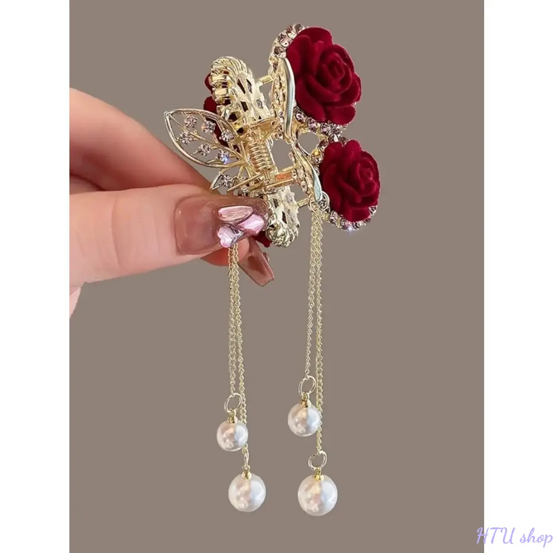 Elegant Vintage Rose Pearl Dangle Hair Clip, Alloy Floral Design, Felt Rose & Transparent Gemstone, Perfect Gift for Mother's Day/valentine's Day, Flower Hair Pin, Flower Hair Clips