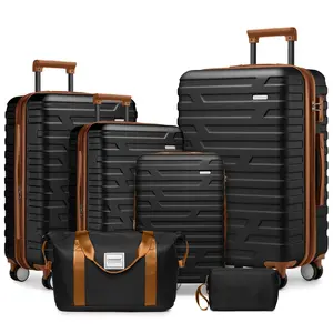 Black Brown Trim 6-Piece Hardside Expandable Luggage Set with Spinner Wheels & TSA Lock, Rolling Suitcase Combo with Matching Duffel Bag & Toiletry Pouch, Durable Travel Bags for Family Long Vacations zipperless double backpack hardshell pc cabin-2078