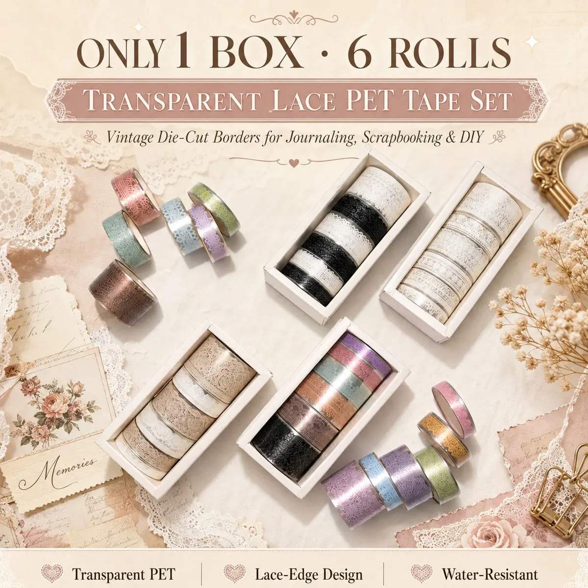 1pc Vintage Lace Washi Tape Set, 6 Rolls Wedding Series Decorative Tape, DIY Craft Supplies, Cup Decoration, Wedding Anniversary Setup, Fall Gift