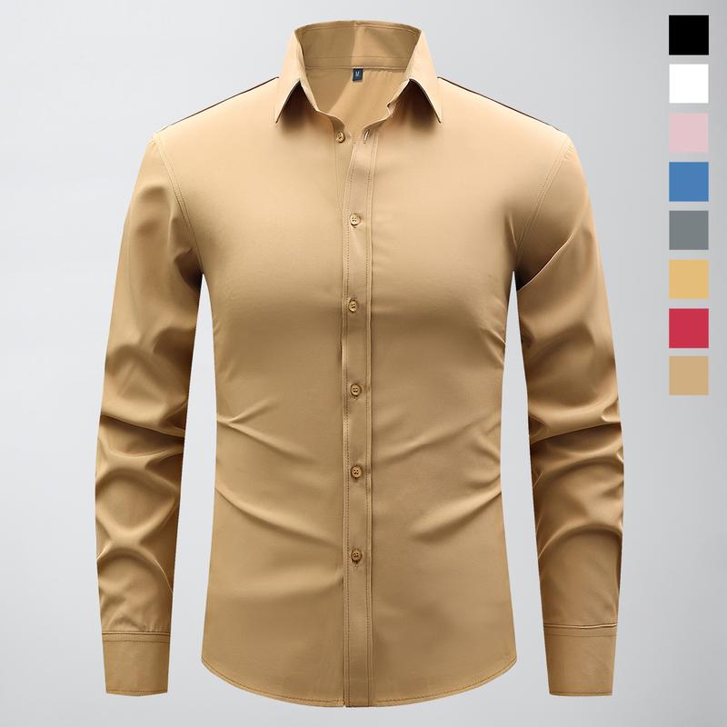 Non-stretch men’s slim-fit long-sleeve shirt; casual button-front dress shirt suitable for semi-formal and business-casual occasions; men’s formal inner layer; solid-color pointed-collar button-front long-sleeve shirt; menswear