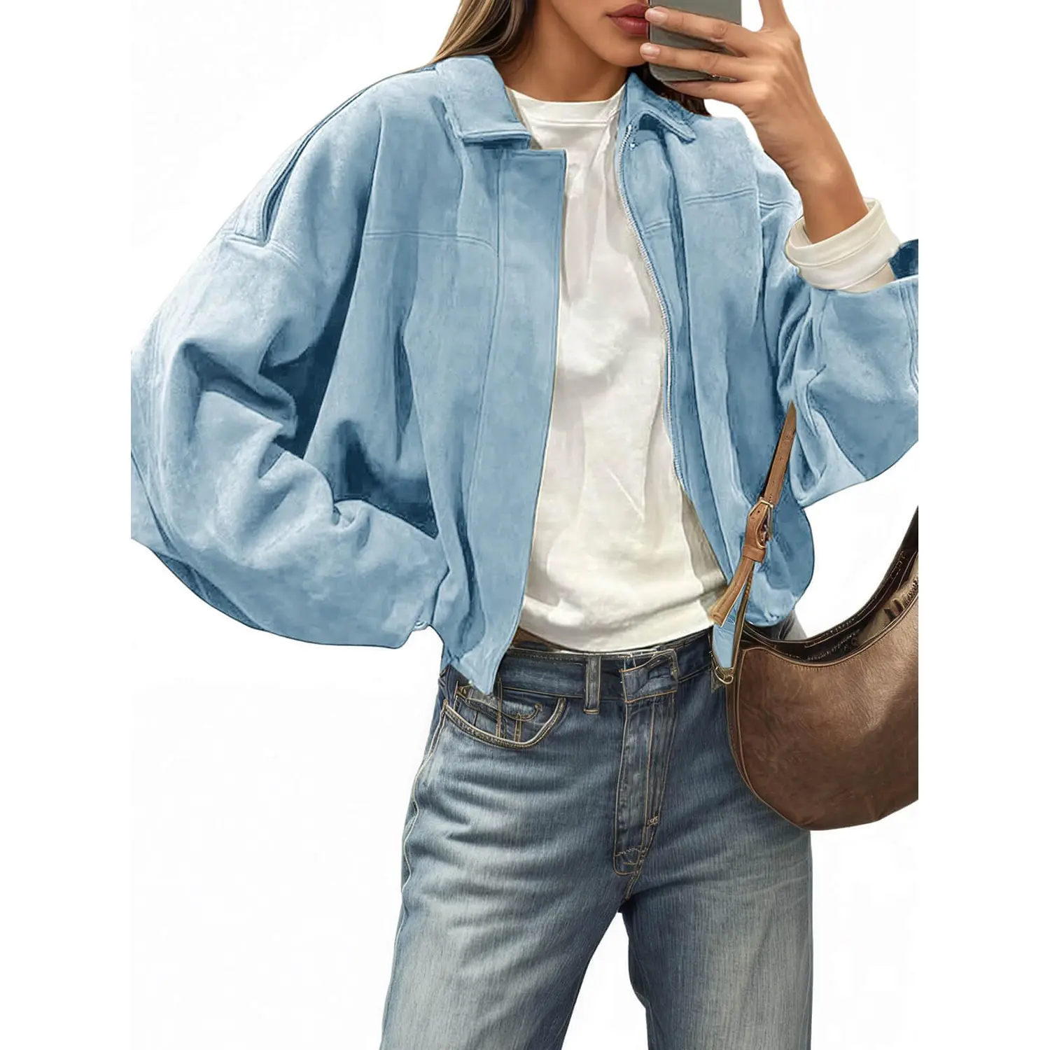 Faux Suede Bomber Jacket for Women, Oversized Cropped Style with a Zip-Up Lapel and Long Sleeves for Fall Streetwear, S