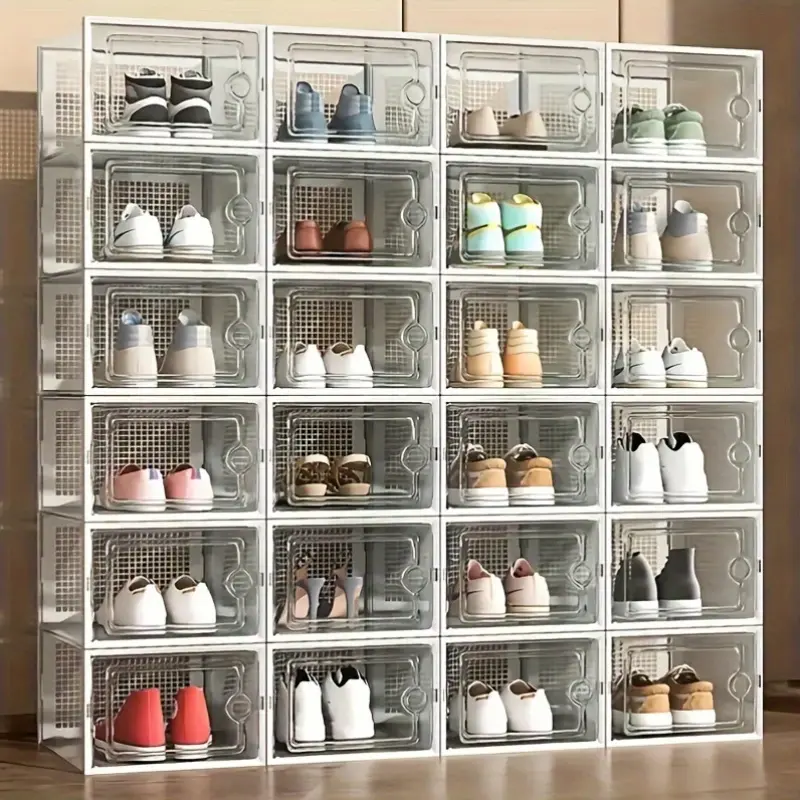 12/24 Pcs Thick Transparent Shoe Storage Boxes with Lids, Foldable Stackable Plastic Shoe Rack Organizer, Free Combination Space Saving Shoe Container Fits All Shoe Styles, Multifunctional Footwear Storage for Foyer, Bedroom, Home and Dormito,ref,built-in