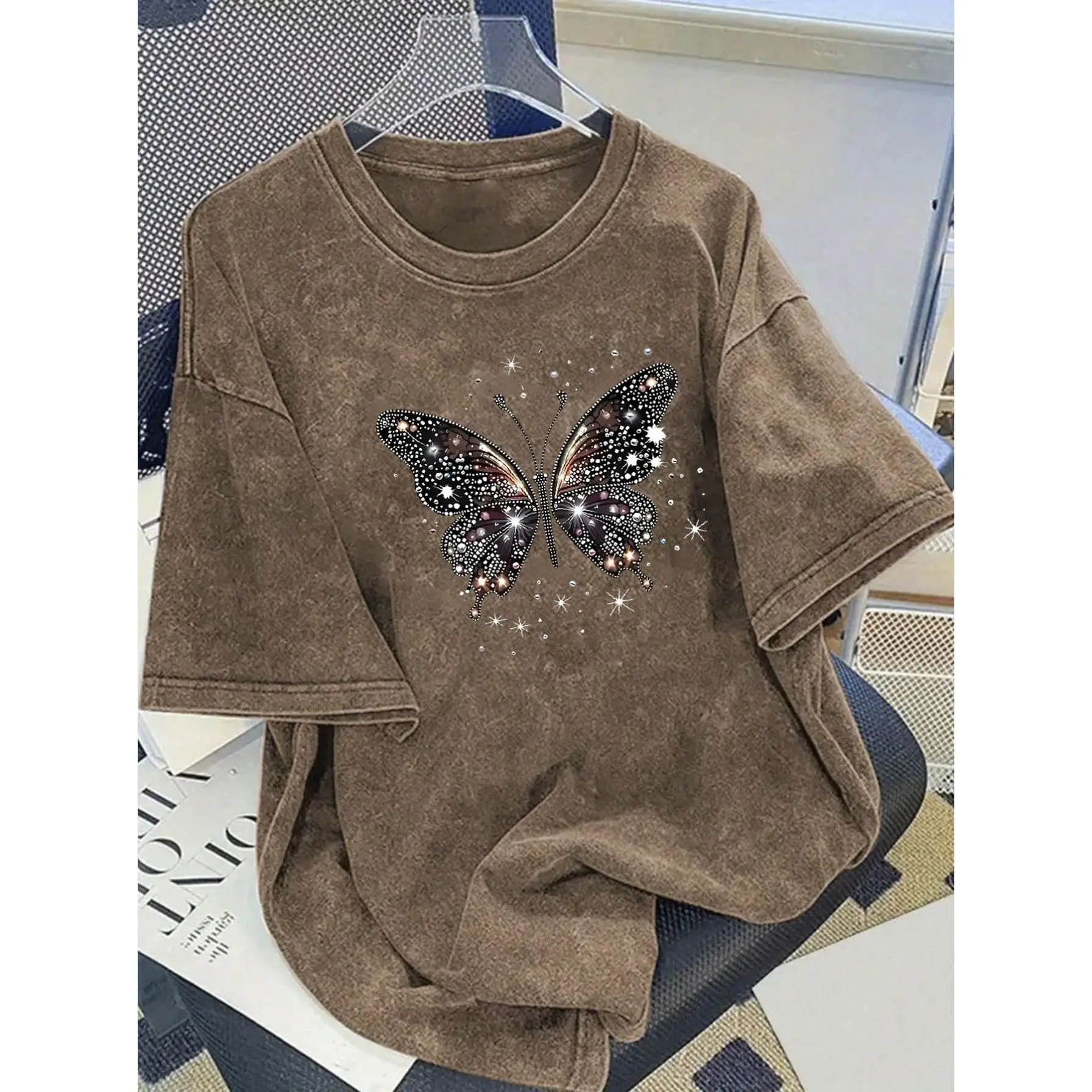 Summer Tops, A Patterned Printed T-Shirt, High-Quality Pure Cotton Vintage Fashion Brand T-Shirt, Women's T-Shirt, A Popular Daily Wear T-Shirt, Holiday Gift, Perfect Present - 230g Washed Cotton T-Shirt. Summer Lightweight Style Relaxation.