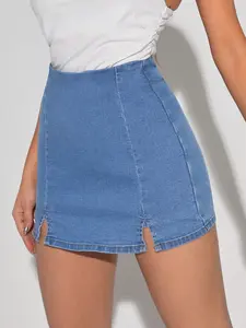 High Waist Slimming Fit Denim Short Skirt Pants, Dual Split Sexy Butt Lift Skirt Pants, Tall Women's Daily Wear Fashionable