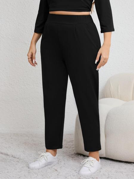 Plus Size Solid Plicated Pocket Elastic Waist Joggers, Casual Sporty High Waist Trousers for Women, Women's Sportswear for Indoor Outdoor Wear