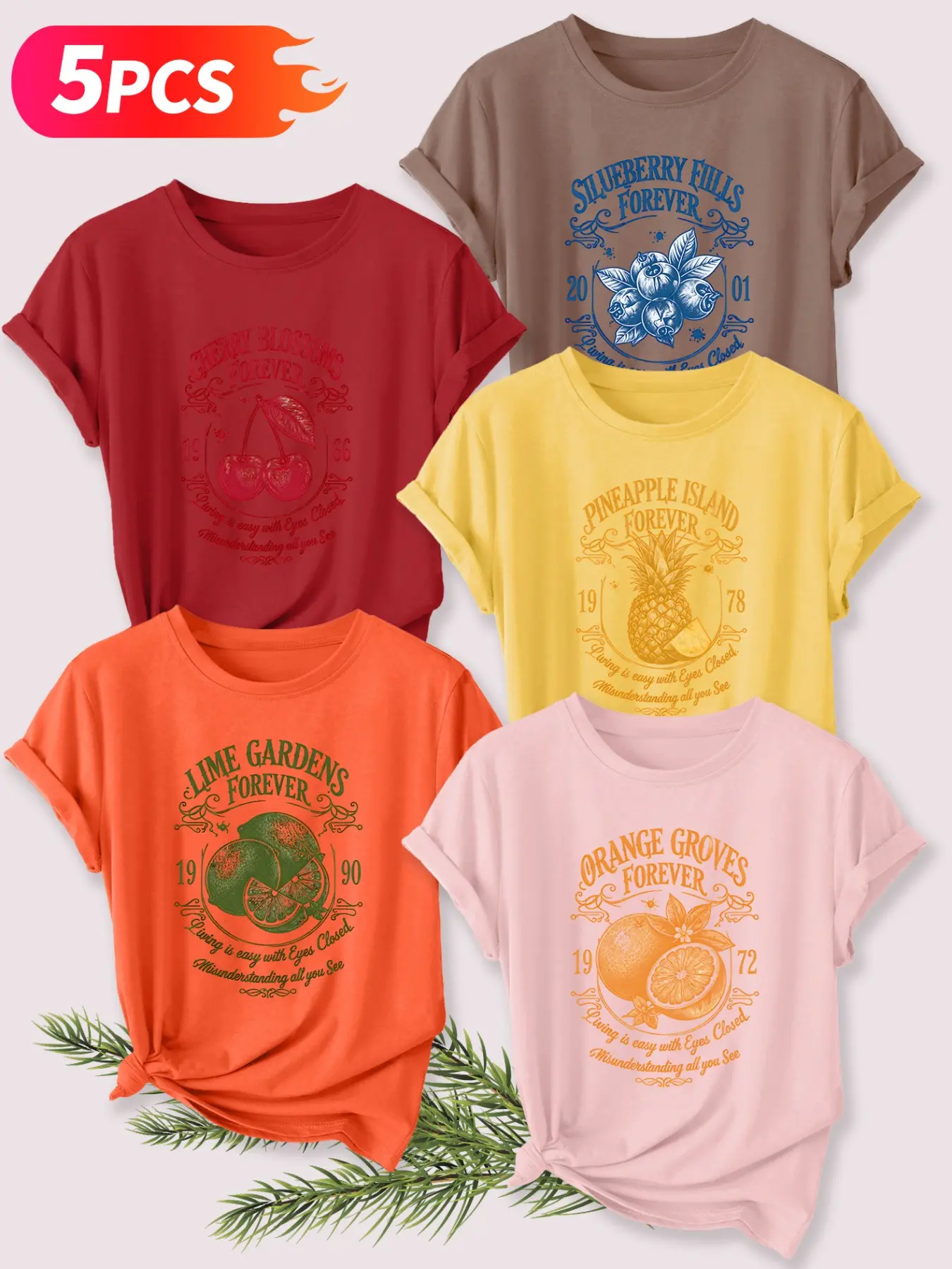 5Pcs Women Crew Neck T-Shirt, Cherry Blueberry Pineapple Lime Orange Vintage Fruit Distressed Letter Print, Multi-color Washable Spring Summer Top, Soft Skin-friendly Fabric Daily Versatile Fashion Design