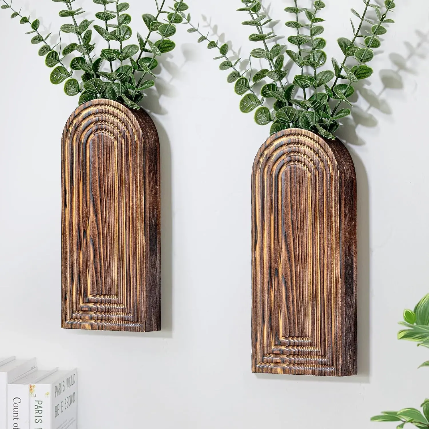Wooden Wall Planter Vase Set of 2, Boho Hanging Planter for Indoor Plants & Flowers, Natural Wood Wall-Mounted Planters for Art Home Decor - Living Room, Bedroom, Bathroom, Patio (Brown)