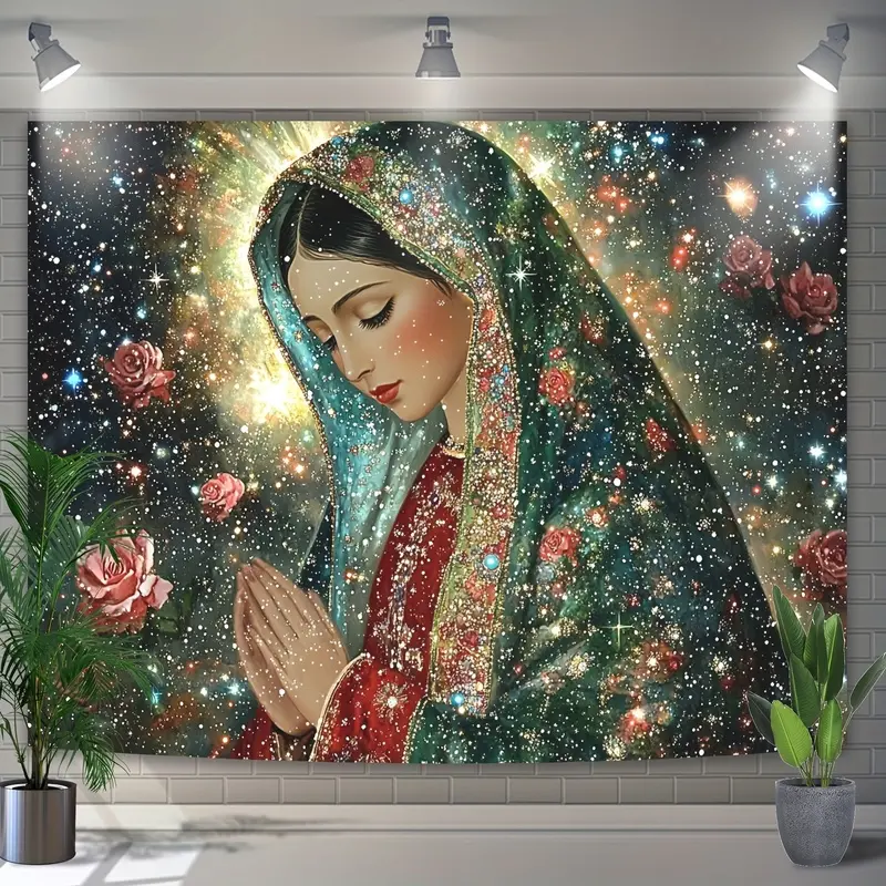 Our Lady of Guadalupe Tapestry, Virgin Mary Starry Galaxy Rose Wall Hanging, Religious Catholic Spiritual Wall Decor for Bedroom, Living Room & Dorm, Comes with Free Hooks artwork outdoor