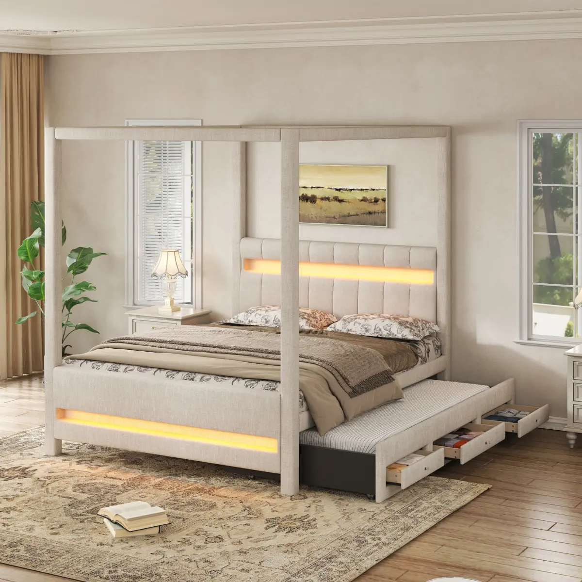 Queen Size Canopy Bed with Upholstered Headboard & LED Lights, Upholstered 4-Poster Bed with Trundle & Storage Drawers, Elegant Canopy Platform Bed Frame for Adults, Beige