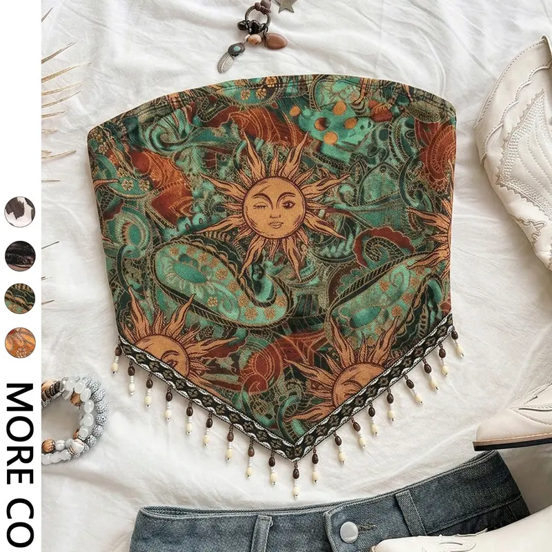 Women's Boho Sunprint Tank Top, Summer Tops Trendy, Fitted All-Over Print, Short Sleeve, Without Button or Collar, Ideal for Summer & Casual Wear