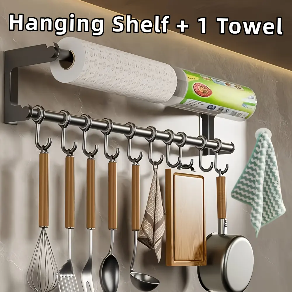 Durable Metal Wall-Mounted Minimalist Kitchen Organiser - Hanging Shelf with 1 Towel Holder, 8 Hooks, Tableware Hold for Storing Tableware, Cling Film, Towels, Cookware, Toilet Paper Rolls (Home & Bathroom Supplies)