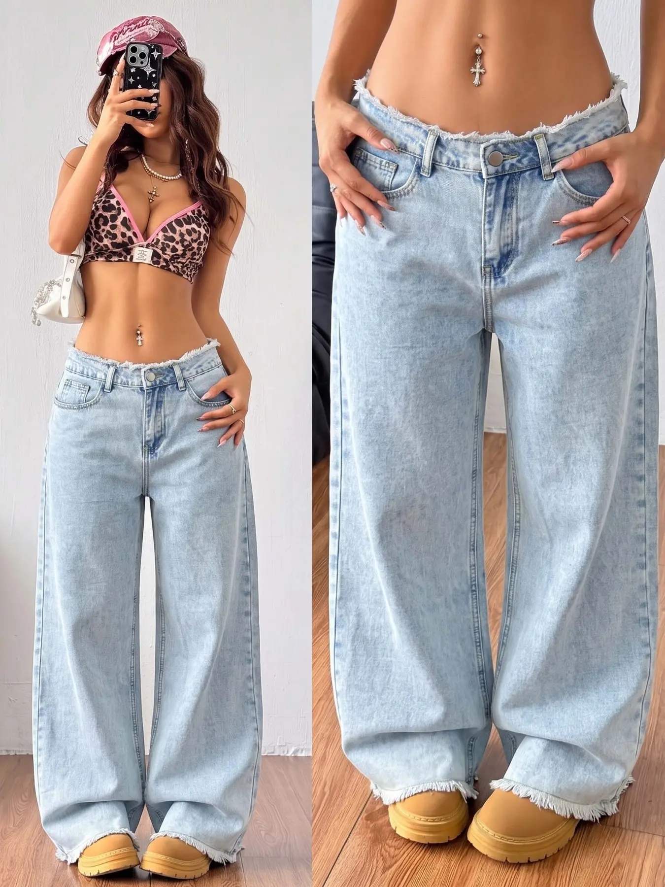 Chic Light Blue Acid-Washed Loose Wide-Leg Pants, Frayed Edge Design, Pocket Detail, Casual Versatile Jeans, Perfect for All Seasons