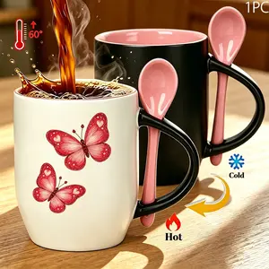 Magic Heat Sensitive Color Changing Mug, 11oz/330ml, Red Butterfly Ceramic Coffee Cup With Spoon, Hot Cold Activated Morphing Tea Mug Gift For Home Office