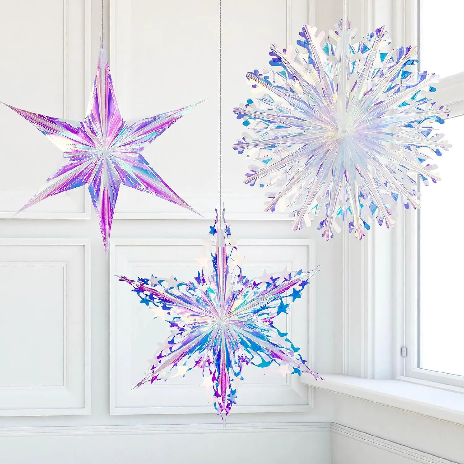 3 count Iridescent  Ornaments, Snowflake Fan &  Garland | Hexagram  Decorations, Clear Foil, Folding Rainbow Design for , Wedding, Birthday, Christmas Parties