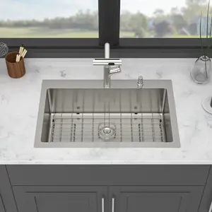 ARCH 30 Inch Drop-in Topmount Kitchen Sink Single Bowl 16 Gauge Stainless Steel Basin with Pull-out Faucet and Soap Dispenser, 30 x 22 x 10 Inch Brushed Nickel Satin Finish Undermount Compatible Kitchen Sink for Laundry Bar Prep Room