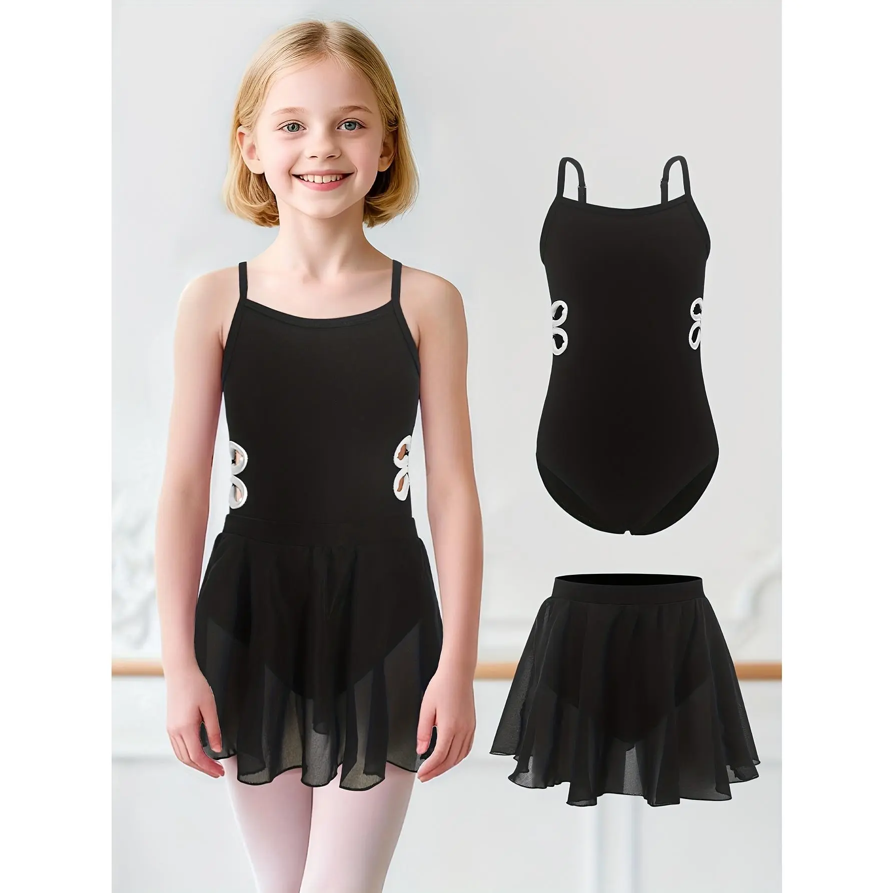 Girls' dance outfit with straps and hollow-out design,-piece bodysuit plus dance skirt two-piece set, indoor practice wear, training and competition gymnastics suit, ballet
