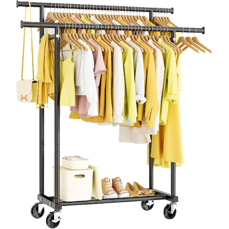 Double Rods Clothes Rack, Rolling Clothing Rack for Hanging Clothes Portable Wardrobe Rack, Metal Garment Rack Sturdy Coat Rack for Bedroom Laundry Living Room, Black