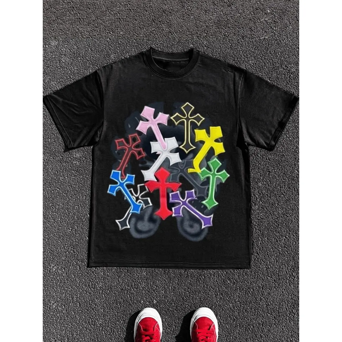 Men's 220g Heavy Pure Cotton Short - Sleeved Shirt With Eye - Catching Multicolored Crosses Print