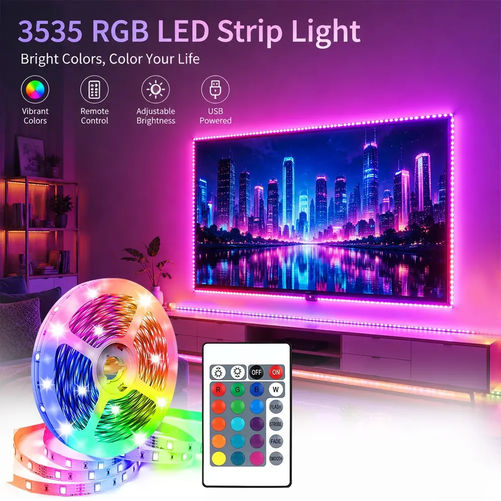 Dimmable RGB LED Light Strip USB Powered, 24 Keys Remote Control, Multi Color Mood Lighting for Bedroom, TV Backlighting & Indoor Party