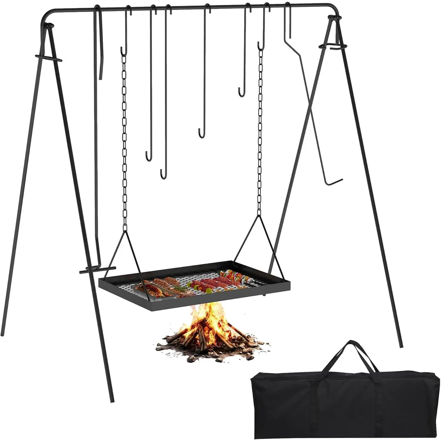 Portable Campfire Swing Grill - Camping Cookware with Adjustable Cooking Rack, 8 Hooks, Accessories, Handbag, Dutch Oven Hanger for Outdoor Adventures, No, No Warning Applicable
