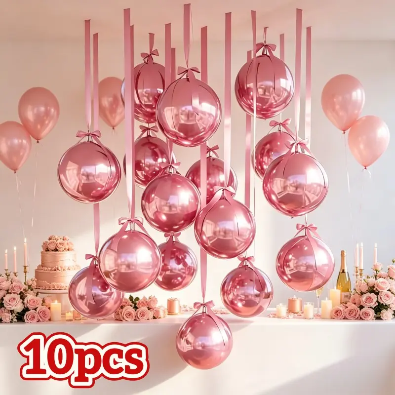 10pcs Pearl Powder 10-Inch 4D Round Balloons, Aluminum Foil Balloon Set for Ceiling Decor, Valentine's Day, New Year, Birthday, Wedding, Christmas