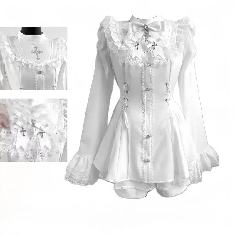 Y2k Aesthetic Lolita Style Bow Dress Shorts Set Women Kawaii Lace Flare Sleeve Bow Shirt Dress Japanese Punk Party Mini Dress
