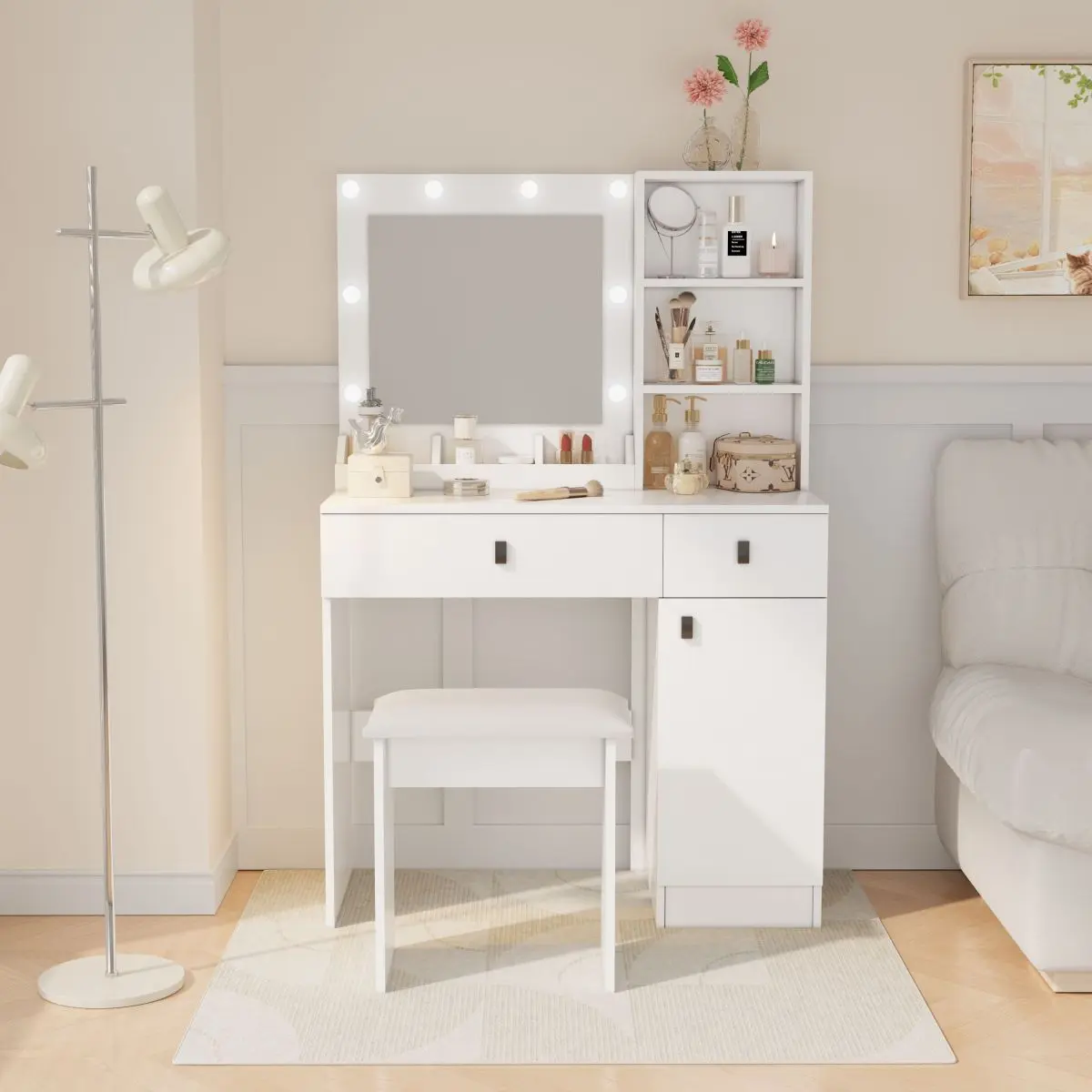 AobtkelVanity Desk with Lights, Vanity Set with Mirror, Makeup Vanity Desk with Large Drawers & Three Level Storage Dreeser, Vanitys/Vanities with 3 Lights Brightness Adjustable for Bedroom, White