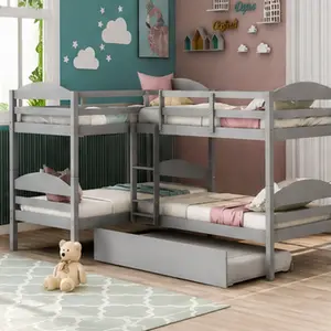 ARCH Twin L-Shaped Bunk Bed with Trundle for 5 Solid Wood Frame Gray/Espresso/White Options Space-Saving Kids Teens Guest Room Sleepover Fun No Box Spring Needed Family Bedroom Furniture, Espresso/Gray/White Color Options, Solid Wood Material