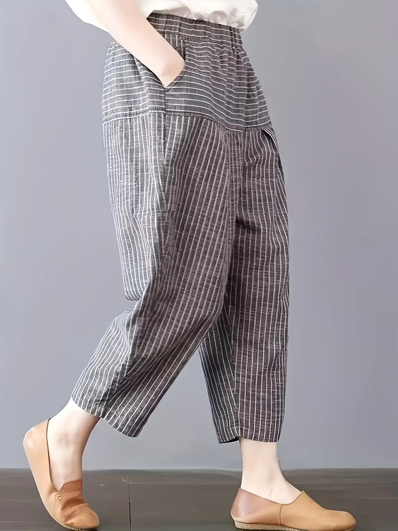 Women's Casual Striped Nine-Inch Loose Fit Harem Pants, Comfortable and Stylish, Perfect for Daily Wear, Trendy and Versatile
