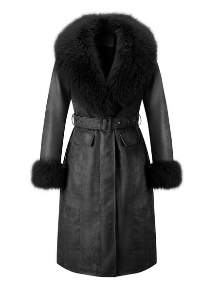 Women's Fall Winter Long Faux Fur Coat, Vintage Style Casual Cotton Jacket with Large Collar and Belt, Elegant Plain Design