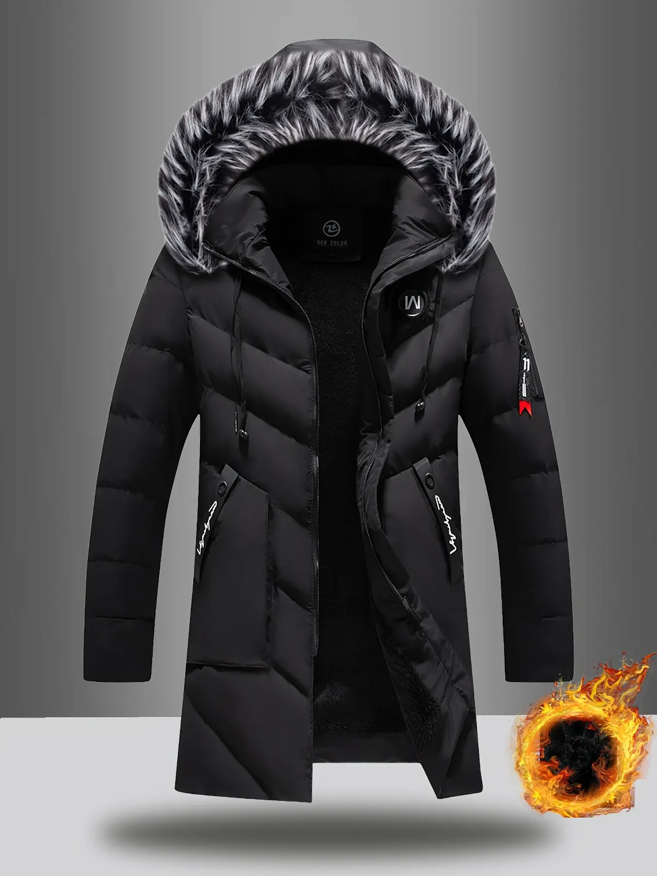 1pc Men's Mid-Length Hooded Jacket, detachable collar, thick full-length zipper, jacket with zipper and pockets, durable, warm, windproof, suitable for outdoor or sports wear in autumn and winter.