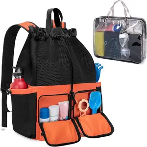 Mesh Beach Bag Backpack with Waterproof Bag and Pocket, Large Drawstring Swim Backpack for Travel, Gym and Pool Sports(Gift)