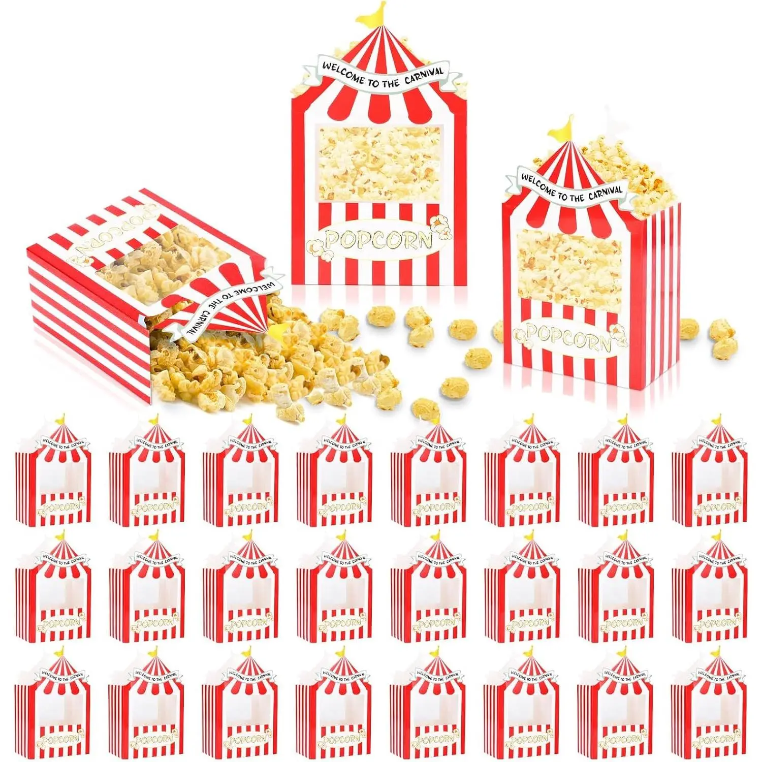 24 count Carnival Circus Popcorn Boxes Red White Circus Tent Popcorn Centerpieces Cupcake Paper Candy Boxes for Dessert Table Displays Carnival Birthday Theme Party Decorations