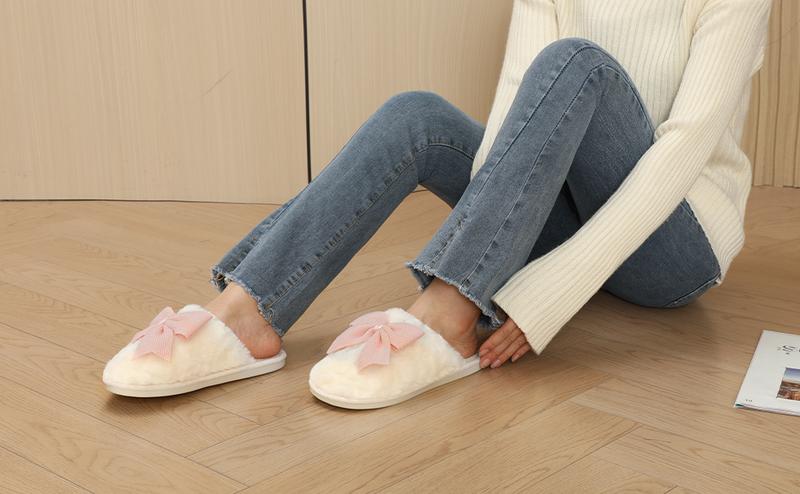 Plush Popular Fuzzy Cute Bow Slippers For Women, Non - Slip, Winter Warm Cozy House Slippers Indoor Outdoor Shoes Girl Footwear